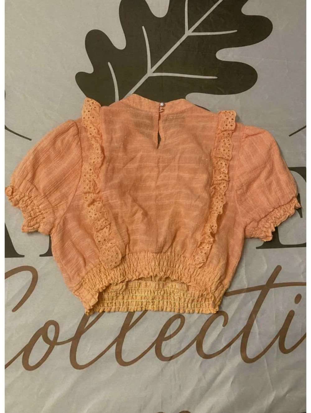 Poet Couture Coral Ruffled Crop Top with Puff Sleeves